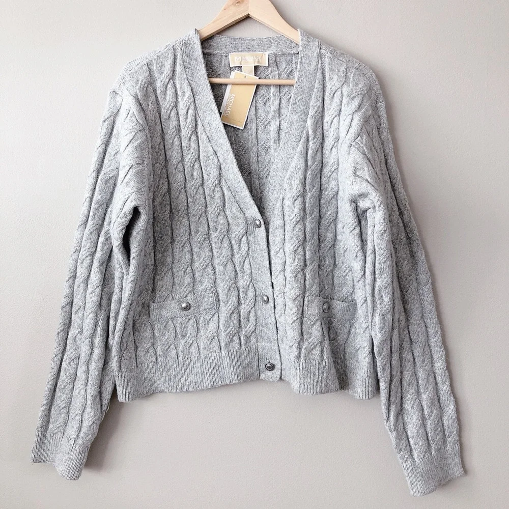 ❗SOLD ❗ Michael Kors Grey cardigan LG cable knit women's sweater - Picture 1 of 14